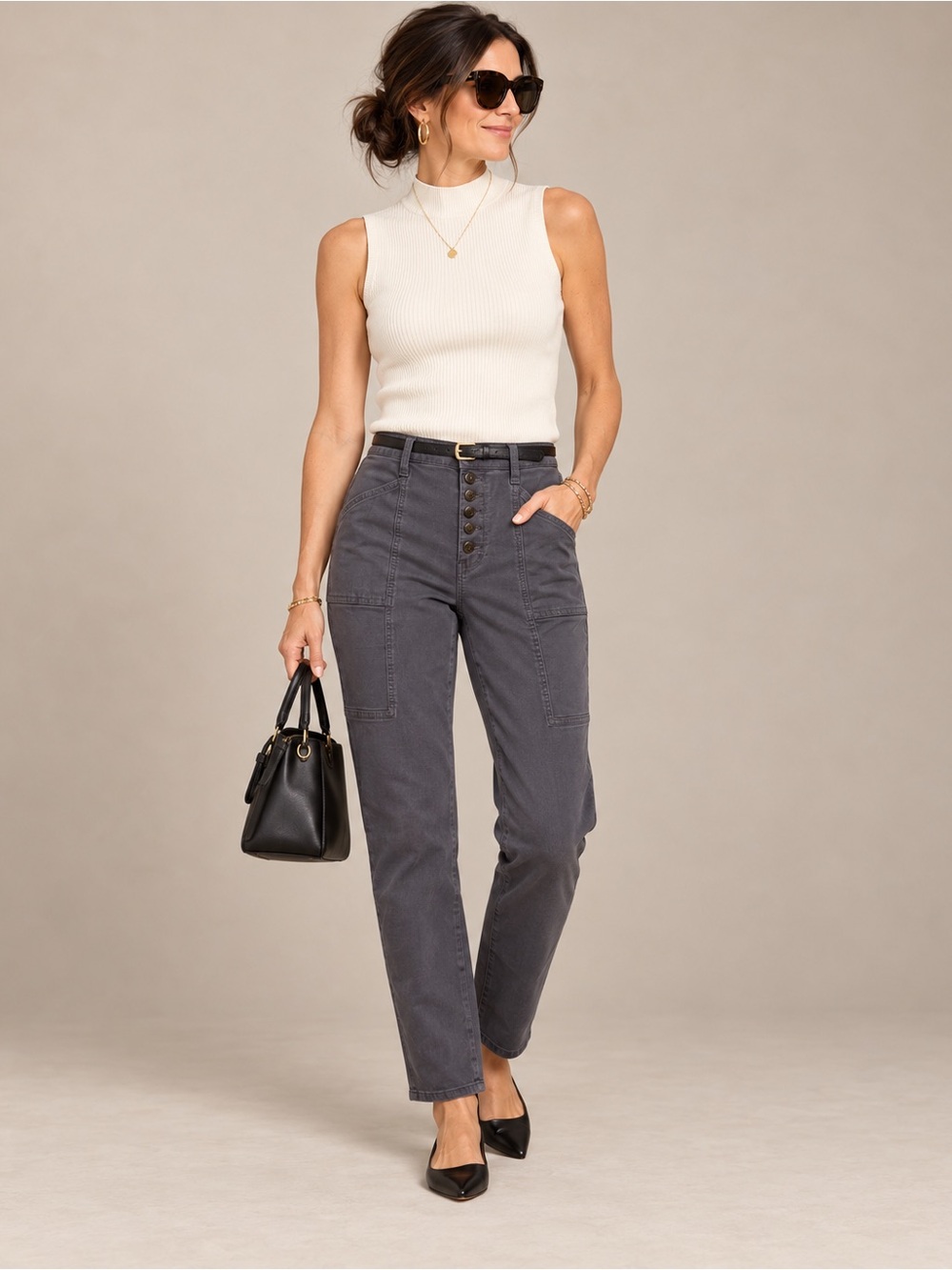 Pistola Tammy High-Rise Button Fly Straight Leg Trouser Pants Dark Gray Size 31